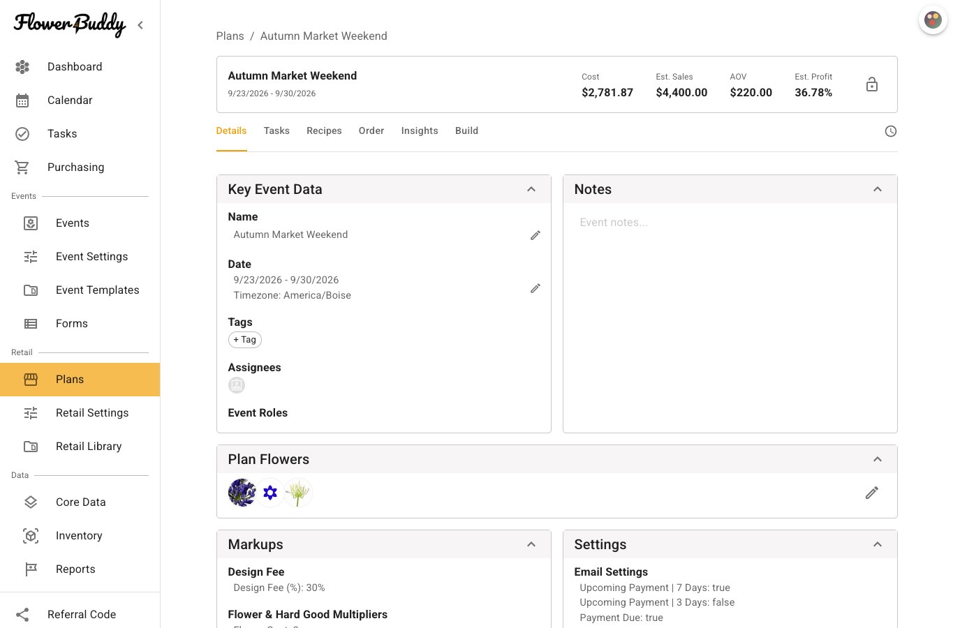 Retail plan Details tab showing the plan name, date range, tags, assignees, Event Roles, plan flowers, markups, and settings.