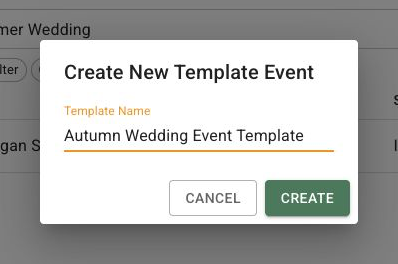 FlowerBuddy Create New Template Event dialog with the Template Name field filled in and the Create button ready to select.