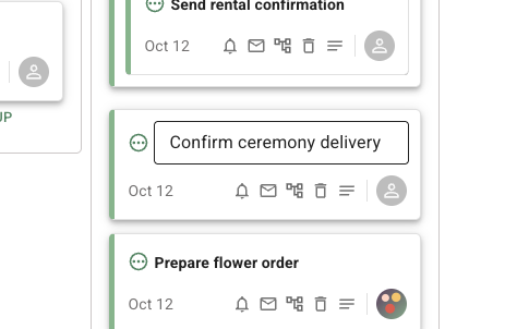 FlowerBuddy Event Tasks board with the Confirm ceremony delivery task name being edited inline, and the task's date, status, notification, group, and assignment controls visible on the same card.