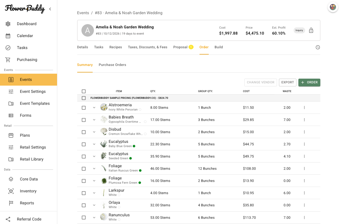 FlowerBuddy Event Order Summary for Amelia & Noah Garden Wedding. The Order tab is open for an Inquiry Event, Summary is selected beside Purchase Orders, and flower rows under FlowerBuddy Sample Pricing show Qty., Group Qty., Cost, and Waste. The toolbar includes Change Vendor, Export, and Order.