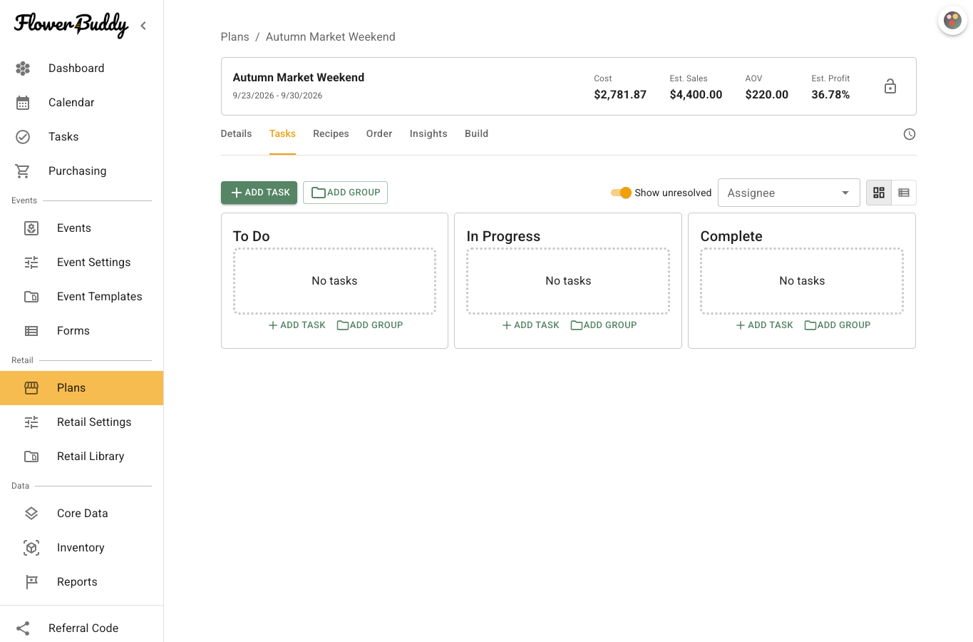 Retail plan Tasks tab with Add Task, Add Group, Show unresolved, assignee filter, board and list view controls, and local task columns.
