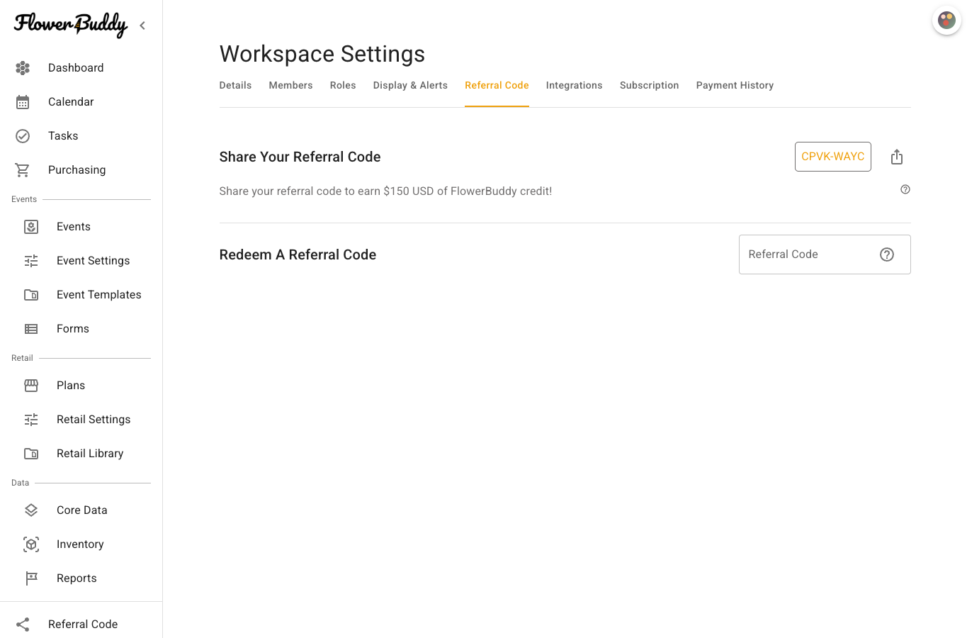 Referral Code tab with separate Share Your Referral Code and Redeem A Referral Code sections.