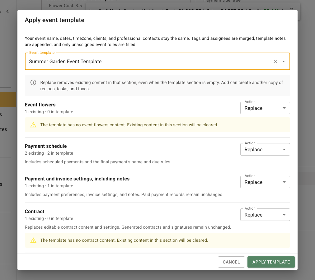 FlowerBuddy Apply event template dialog with Summer Garden Event Template selected, current and incoming section counts, and individual Action selectors for applying content.