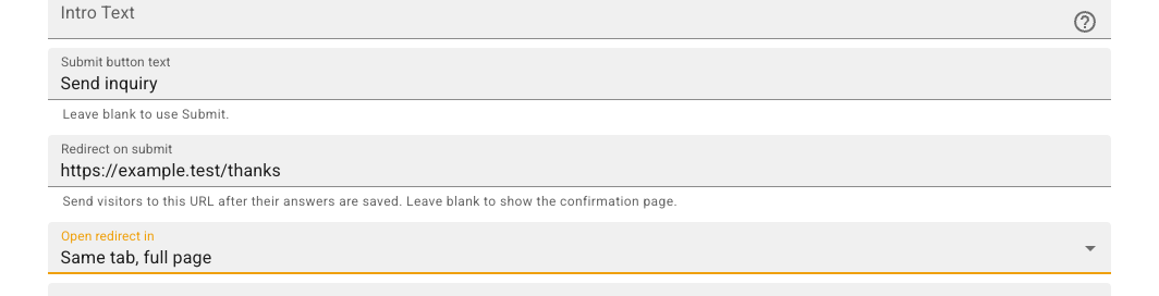 FlowerBuddy Form Editor submission settings with Send inquiry as the submit button text, an example redirect address, and Same tab, full page selected under Open redirect in.