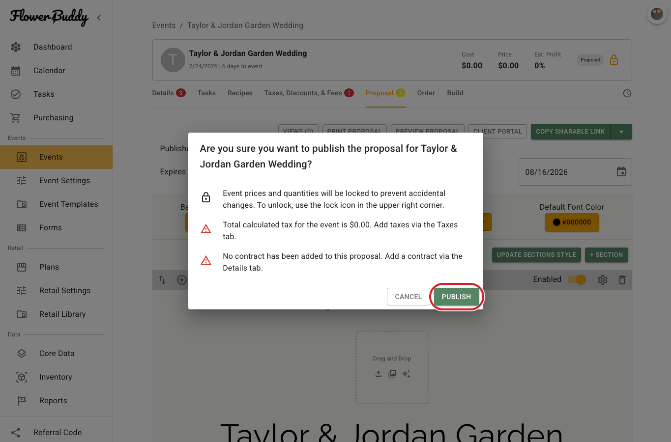 FlowerBuddy proposal publication confirmation dialog showing the warning that event prices and quantities will be locked, additional event warnings, and the Cancel and Publish controls.