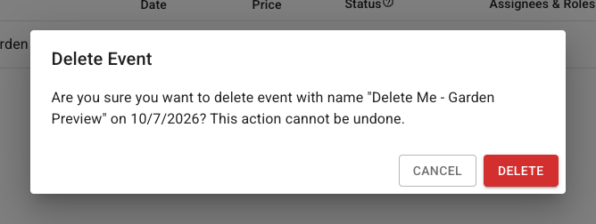 FlowerBuddy Delete Event confirmation dialog showing the event selected for removal and the controls to cancel or confirm deletion.