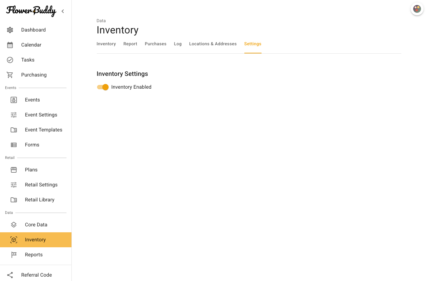 Inventory Settings tab with the Inventory Enabled switch.