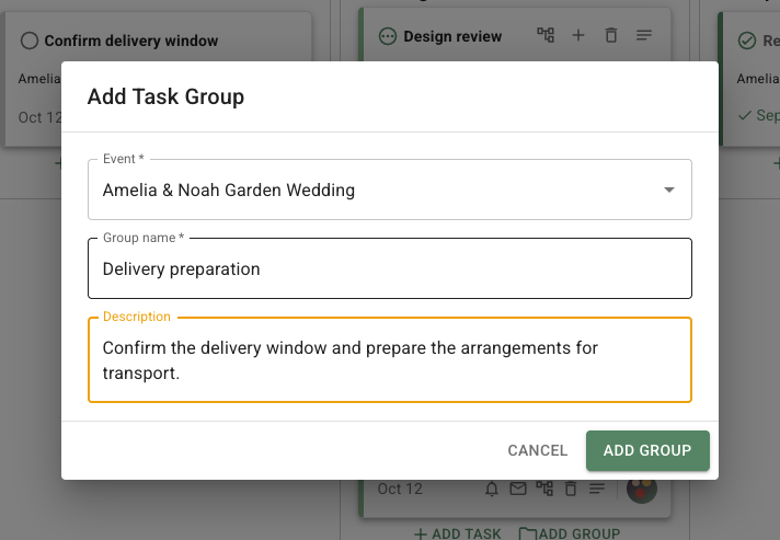 FlowerBuddy Add Task Group dialog filled with Amelia and Noah Garden Wedding, the group name Delivery preparation, and a description of confirming delivery and preparing arrangements for transport.