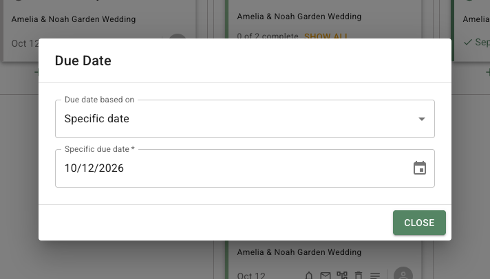 FlowerBuddy Due Date dialog above the Tasks board, showing Specific date selected and the calendar date October 12, 2026.
