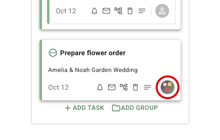 FlowerBuddy Prepare flower order task card with the assignment profile picture circled at the right end of its controls, showing where to open the task assignment menu.