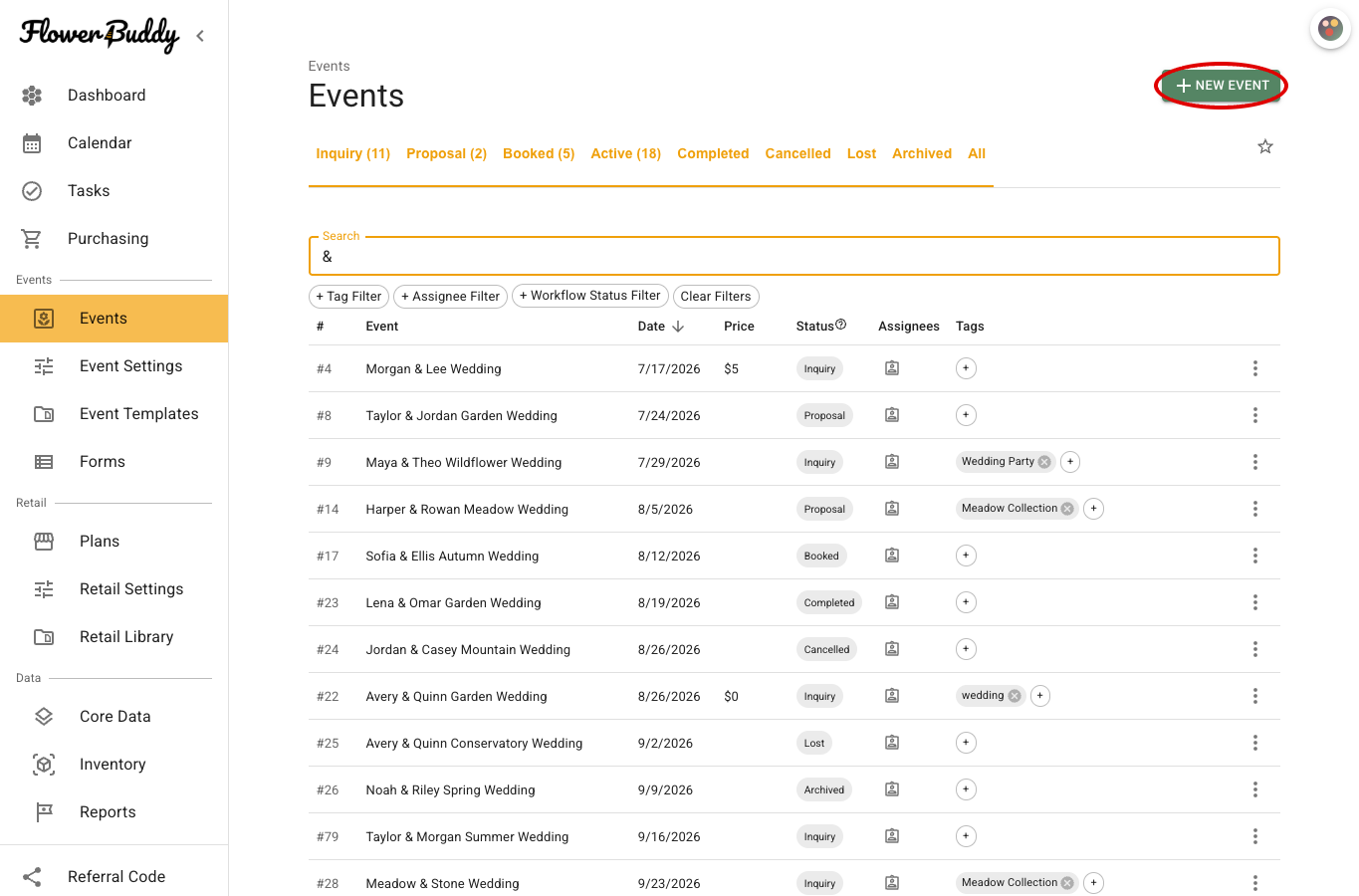 FlowerBuddy Events page with New Event above the status filters, search field, and event table