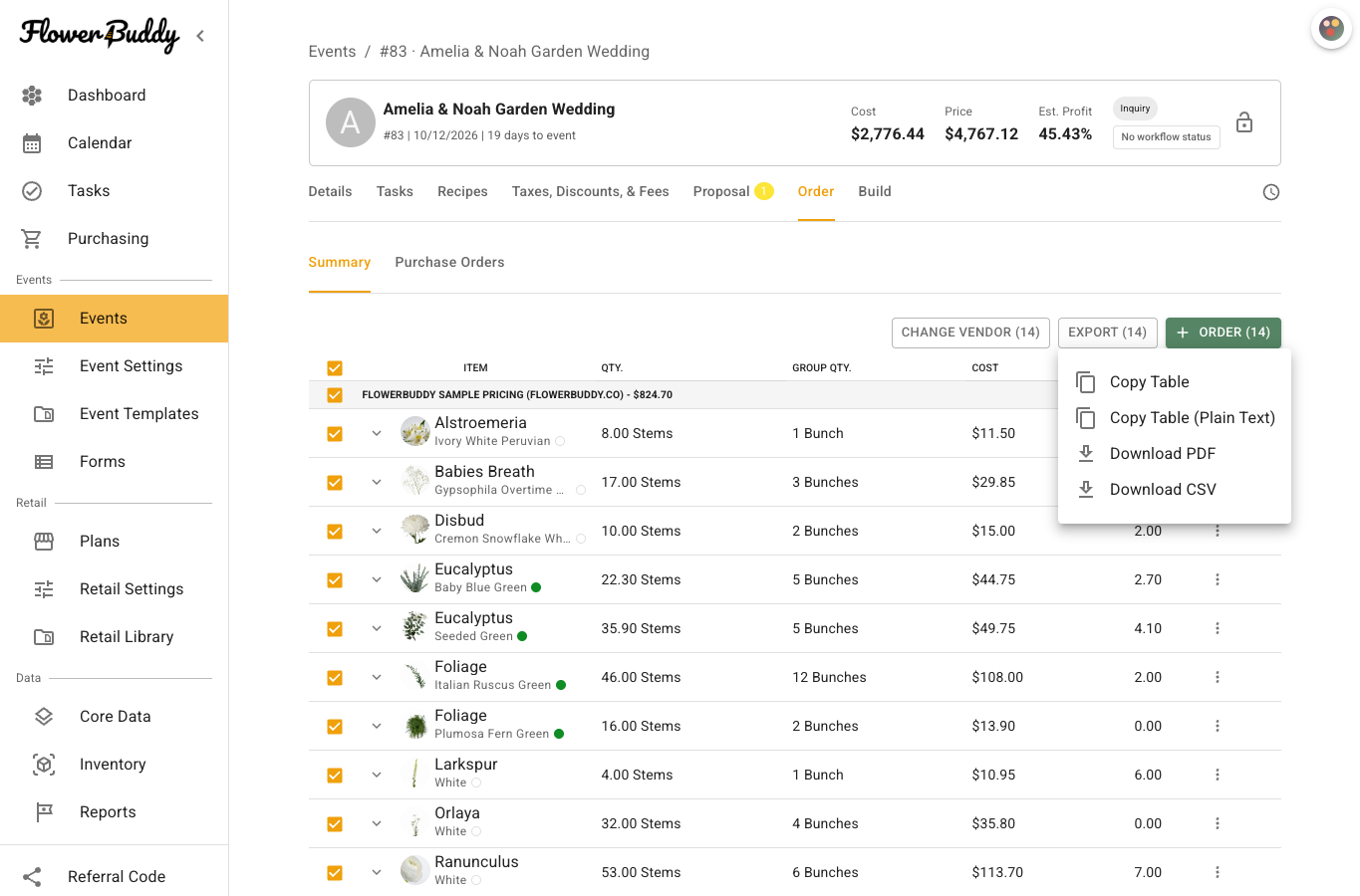 FlowerBuddy Event Order Summary with the Export menu open, showing Copy Table, Copy Table (Plain Text), Download PDF, and Download CSV above populated flower order rows.
