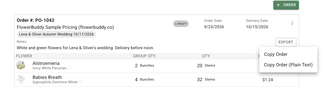 Saved purchase order with its Export menu open to Copy Order and Copy Order Plain Text options