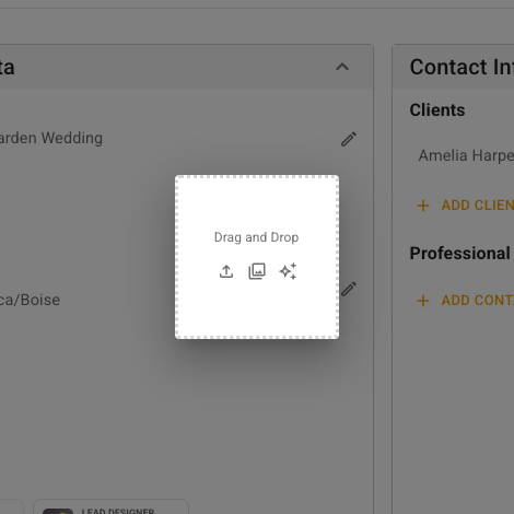FlowerBuddy event image picker floating above the Details tab, with Drag and Drop text and upload, image library, and AI icons inside its dashed boundary.