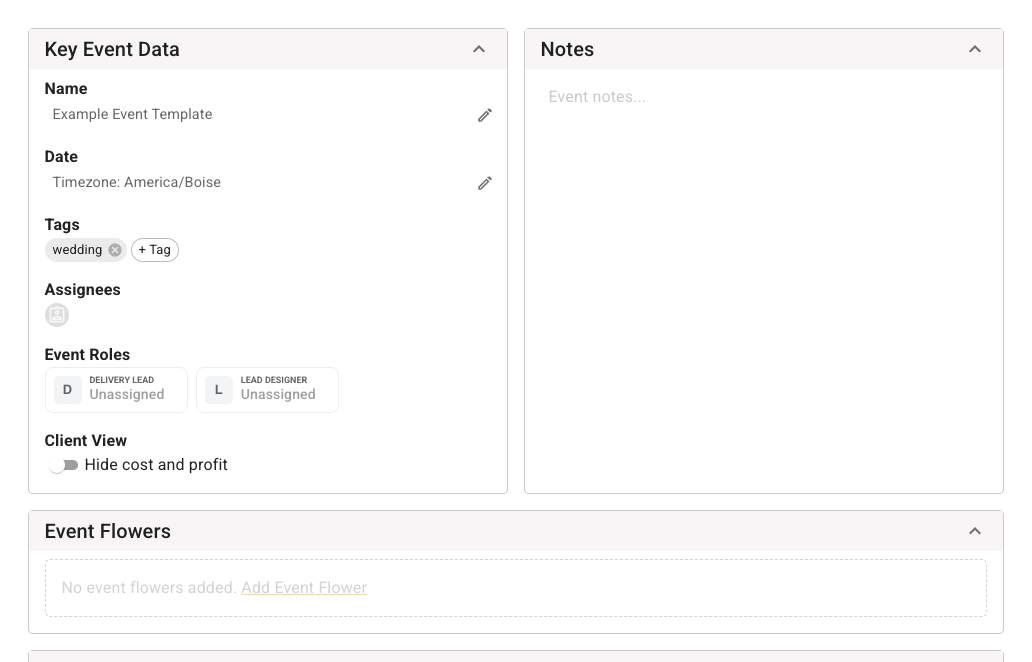 FlowerBuddy Event Template Details tab with Event Flowers expanded. The empty section displays Add Event Flower as the control for defining a reusable palette.