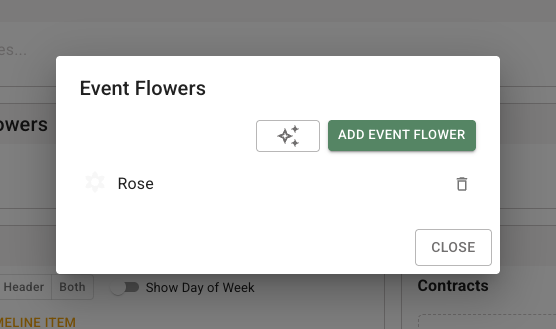 FlowerBuddy Event Flowers dialog listing the event's saved flower palette, with Add Event Flower above the list and a remove icon beside each flower.