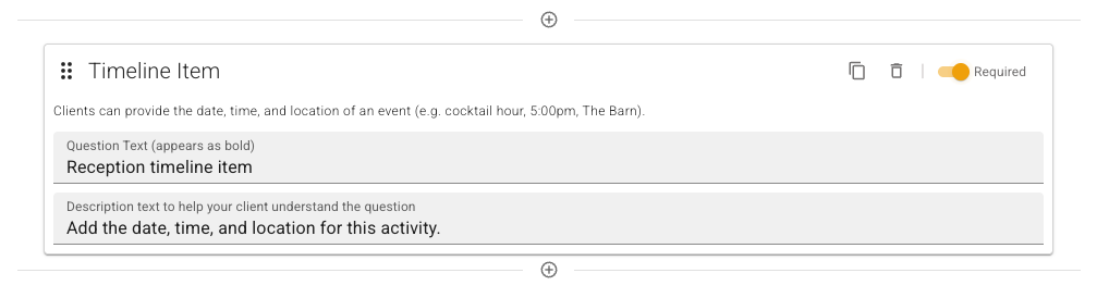 Timeline Item field in the FlowerBuddy Form Editor, with Reception timeline item as the question, a description requesting its date, time, and location, and Required enabled.