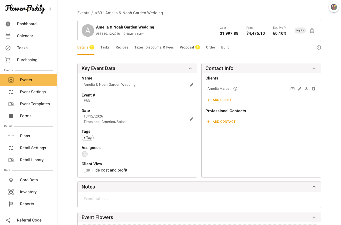 FlowerBuddy Details tab for the Amelia and Noah Garden Wedding. The event summary appears above Key Event Data and Contact Info, where the event number, date, timezone, client, tags, assignees, and Client View setting are visible. A numbered badge appears beside Details.