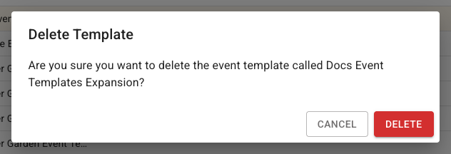 FlowerBuddy Delete Template confirmation dialog showing the template name and the Cancel and Delete actions.