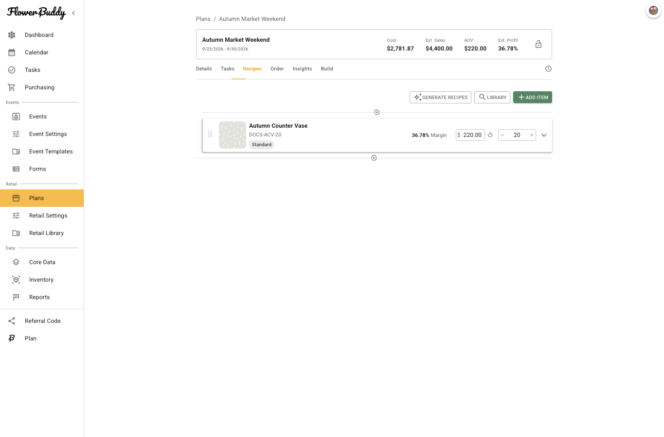 Retail plan Recipes tab showing a populated product with planned quantity, selling price, product code, product tier, and estimated margin.