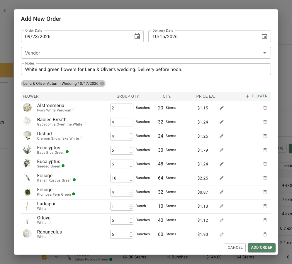 Add New Order dialog with order and delivery dates, vendor field, wedding association, notes, and populated flower quantities