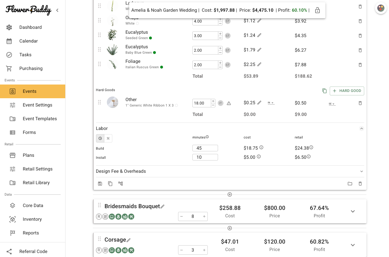 FlowerBuddy Bridal Bouquet recipe with Flowers and Hard Goods above an expanded Labor section. Time estimate labor is selected. Build is 45 minutes with 18 dollars and 75 cents cost and 24 dollars and 38 cents retail; Install is 10 minutes with 5 dollars cost and 6 dollars and 50 cents retail.
