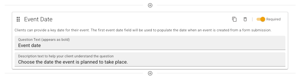 Event Date field in the FlowerBuddy Form Editor, with Event date as the question, a description asking for the planned date, and Required enabled.