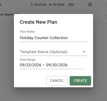 Create New Plan dialog with Plan Name and Date Range fields.