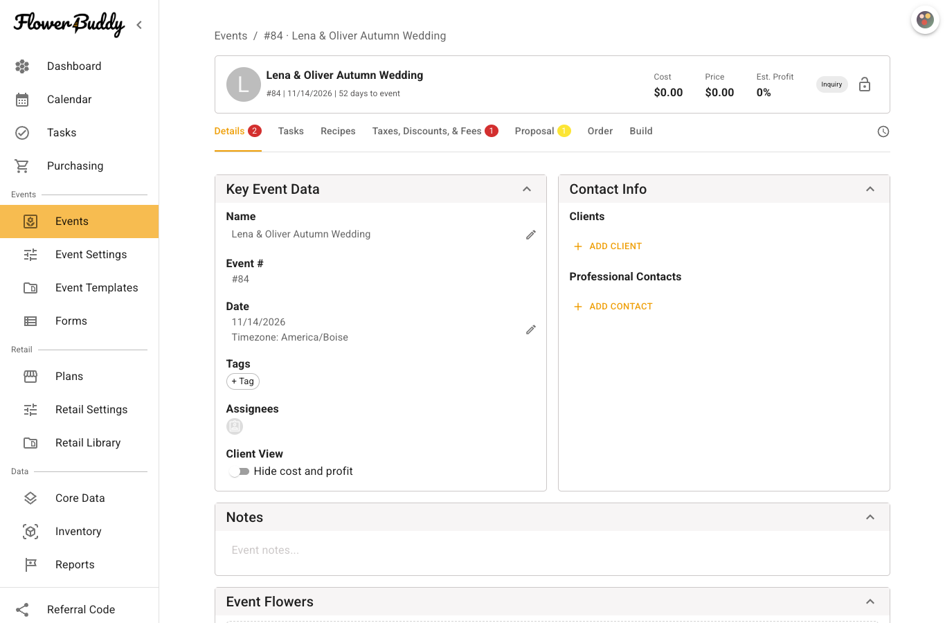 New Event Page for Lena and Oliver Autumn Wedding showing event number, date, initial Inquiry status, and the page tabs