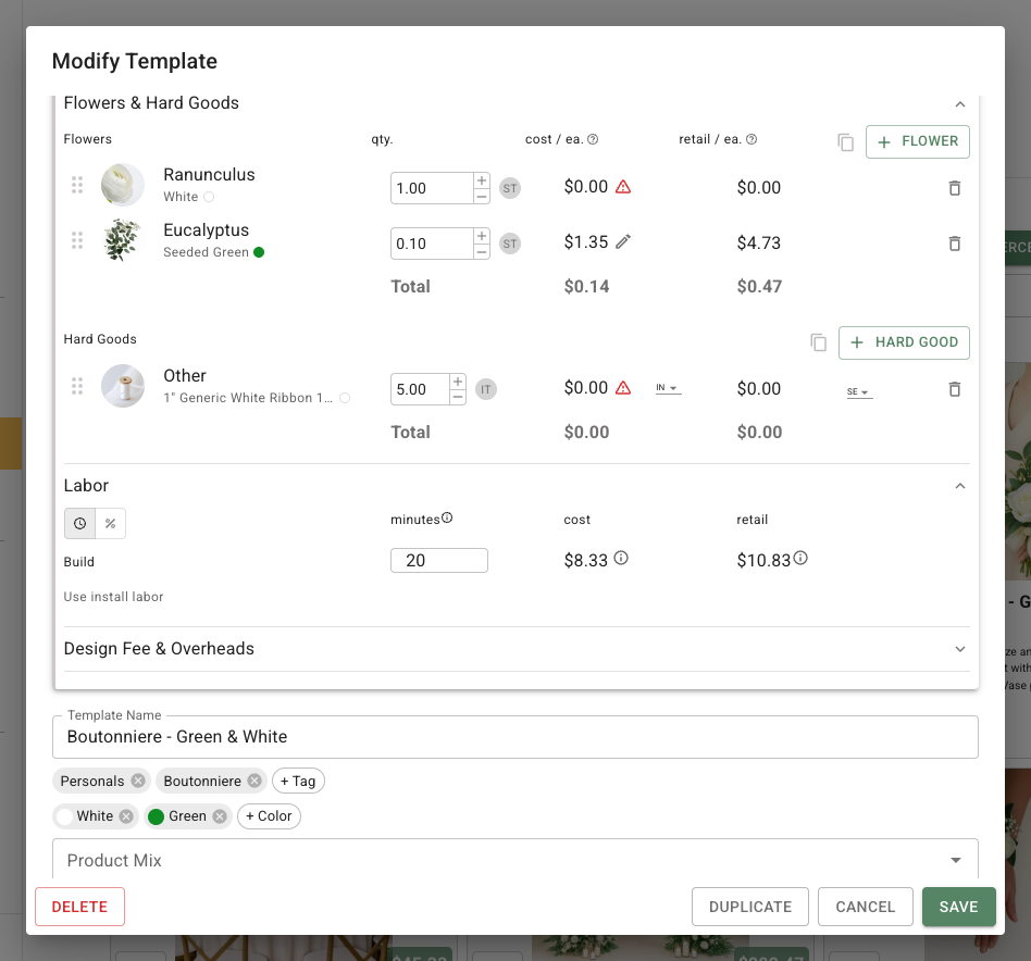 Expanded recipe template editor with ranunculus, eucalyptus, ribbon, item quantities and pricing columns, and a 20-minute Build labor estimate