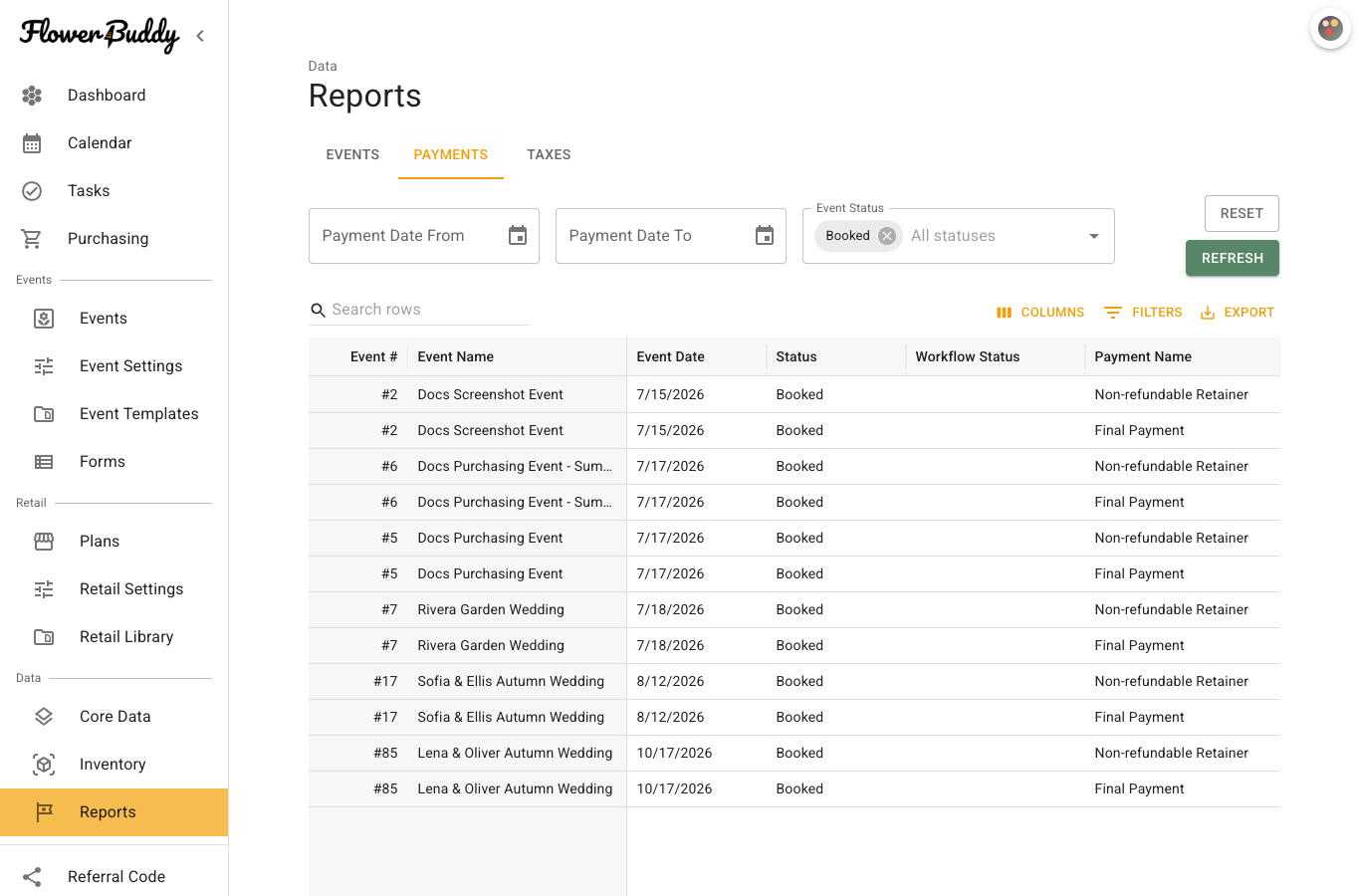 Payments report with payment-date filters and populated payment schedule rows.