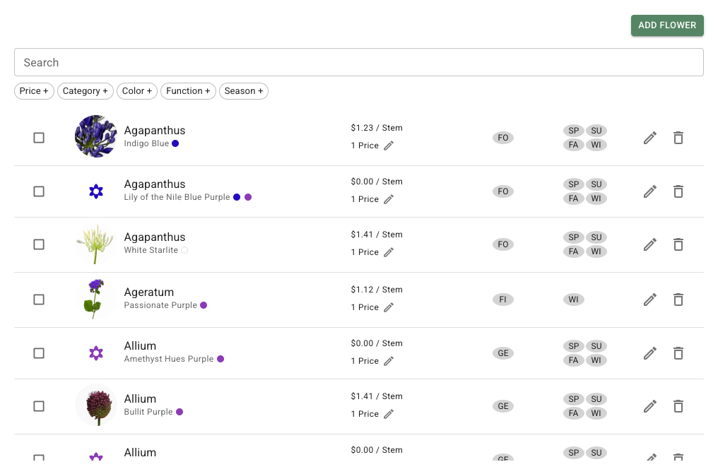 FlowerBuddy Flowers tab with reusable flower records and catalog filters.