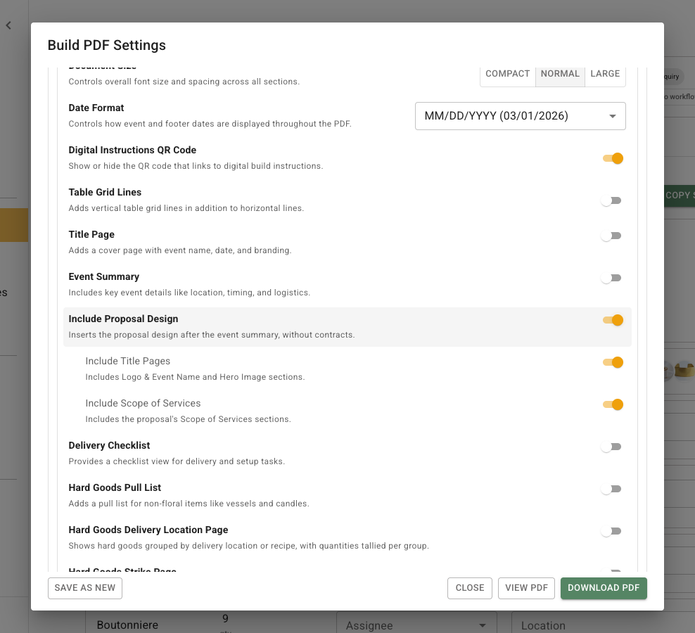 FlowerBuddy Build PDF Settings dialog with Include Proposal Design enabled and its Include Title Pages and Include Scope of Services switches visible and enabled, above the production-section choices.