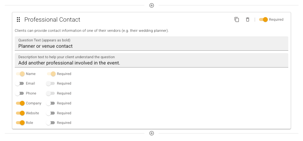 Professional Contact field in the FlowerBuddy Form Editor, with Planner or venue contact as the question, Name required, and Company, Website, and Role enabled as optional answers.