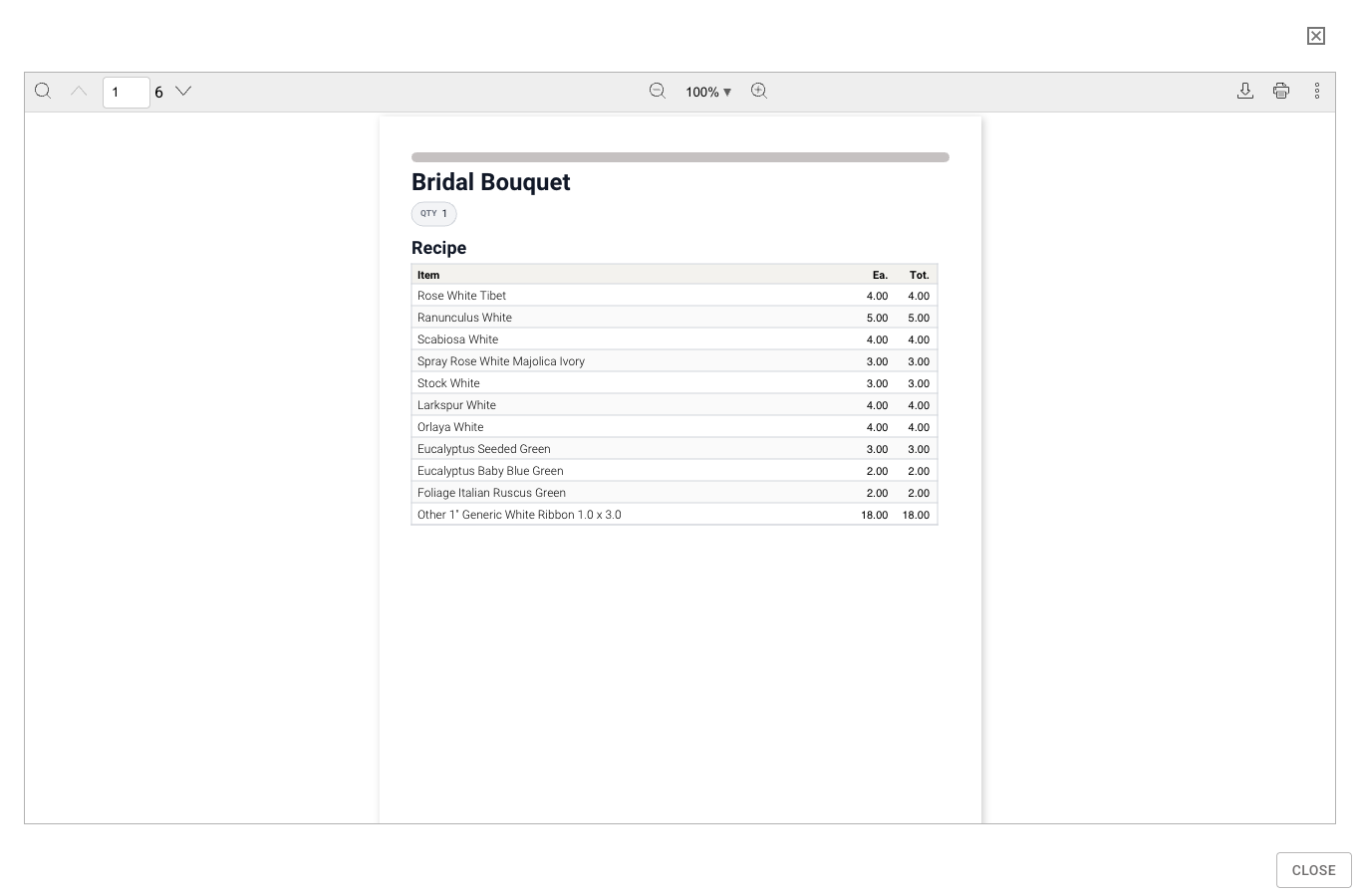 FlowerBuddy Build PDF viewer showing page 1 of a six-page production PDF for Bridal Bouquet, with quantity 1, a Recipe materials table, and download and print controls.