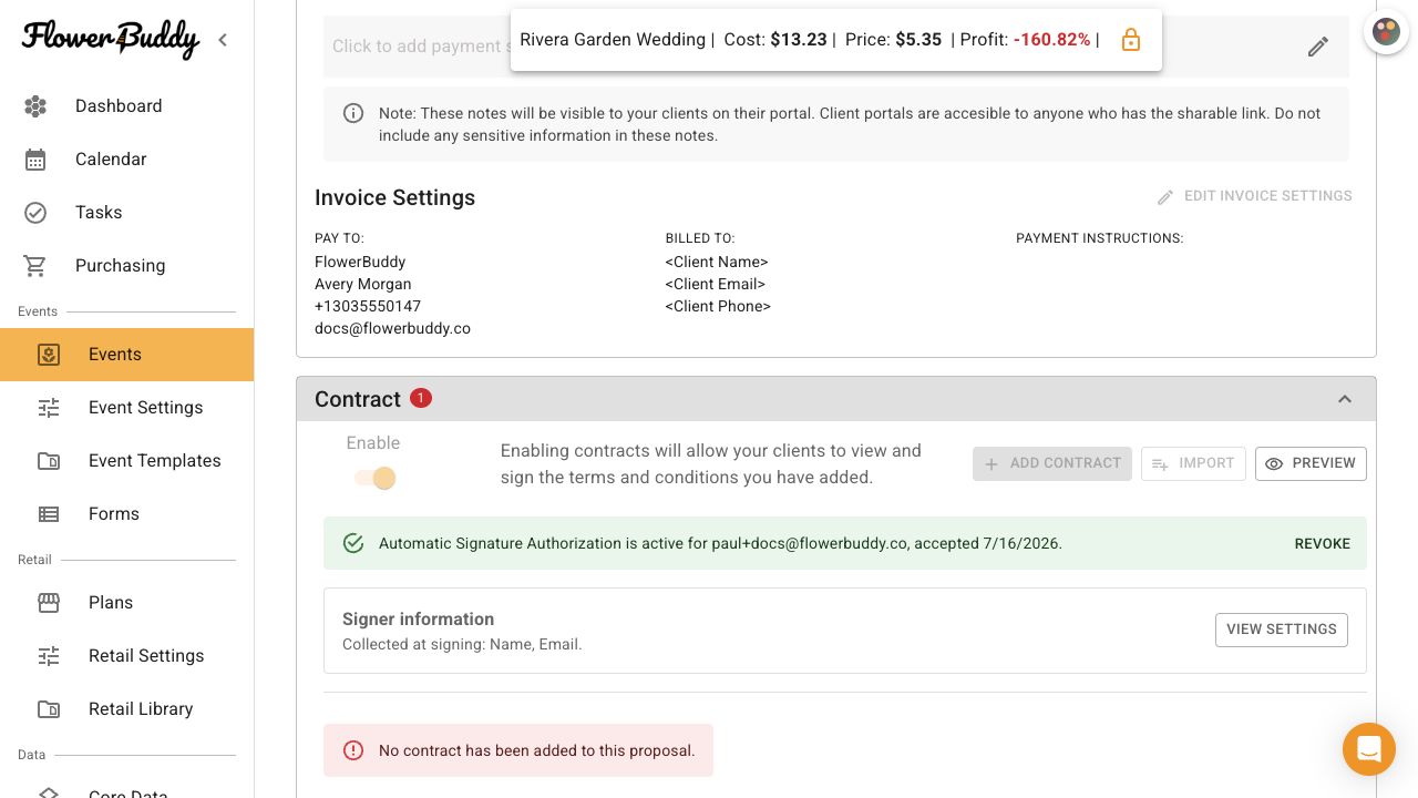 FlowerBuddy Details tab showing the Contract section with Enable, Preview, signer information, automatic signature authorization, and a warning that no contract has been added.