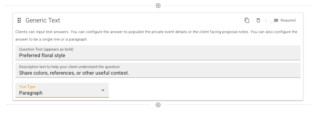 Generic Text field in the FlowerBuddy Form Editor, with Preferred floral style as the question, explanatory text, and Paragraph selected under Text Type.