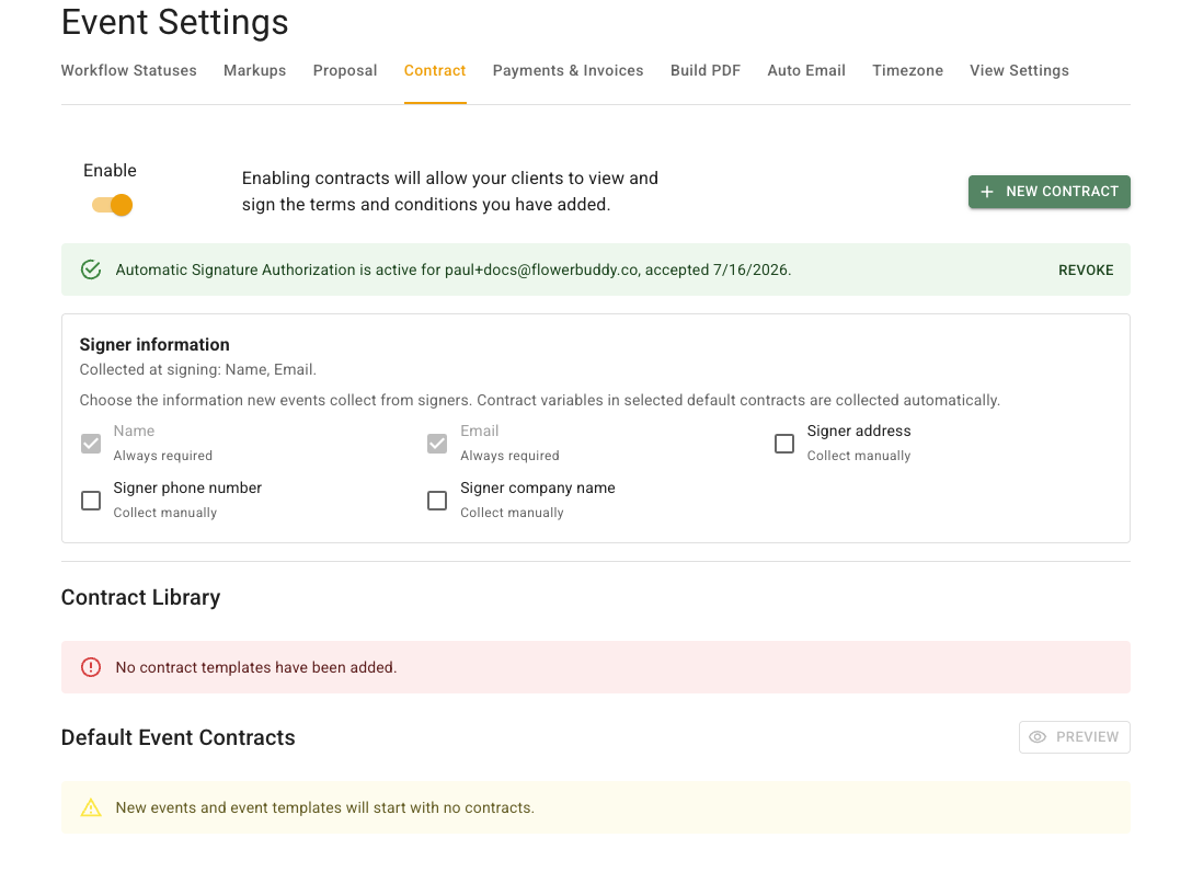 Event Settings Contract tab showing Enable turned on, the active Automatic Signature Authorization notice, signer information choices, an empty Contract Library, and Default Event Contracts with no contracts selected.