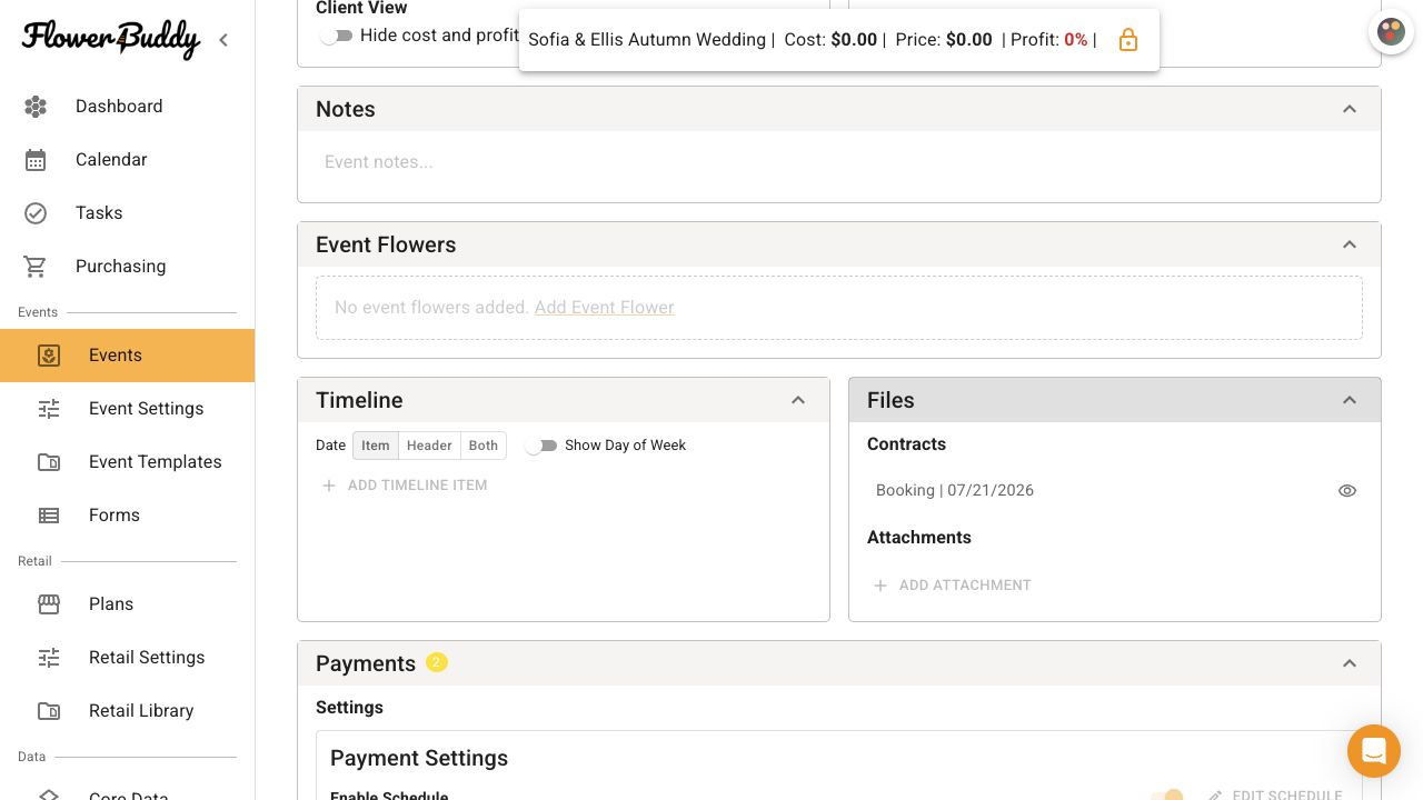 FlowerBuddy Details tab showing the Files section with a Contracts area containing a generated booking document and an Attachments area below it.