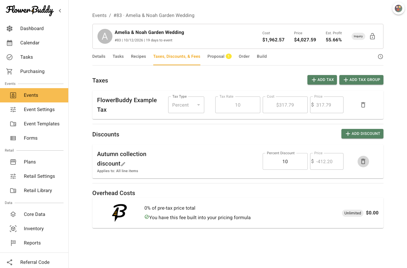 Amelia and Noah Garden Wedding on Taxes, Discounts, & Fees, showing a populated example tax and an Autumn collection discount with Percent Discount 10, a calculated negative price of 412.20 dollars, and Applies to All line items.