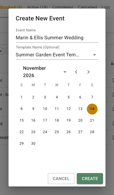 Create New Event dialog opened from Events, filled with Marin and Ellis Summer Wedding, Summer Garden Event Template, and November 14, 2026 selected in the calendar.