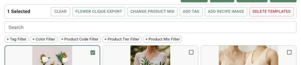 Recipe Templates tab with one card selected and the bulk action bar showing Clear, Add Tag, Add Recipe Image, Delete Templates, and conditional feature actions