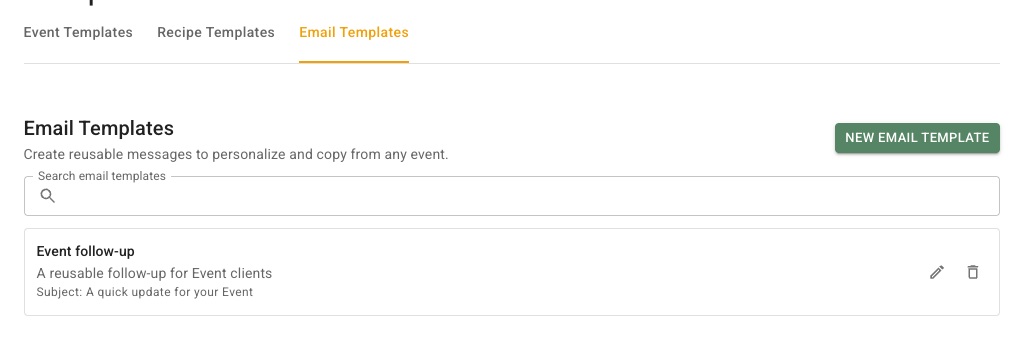 Email Templates tab showing New Email Template, Search email templates, and populated saved message rows with descriptions, subjects, edit icons, and delete icons