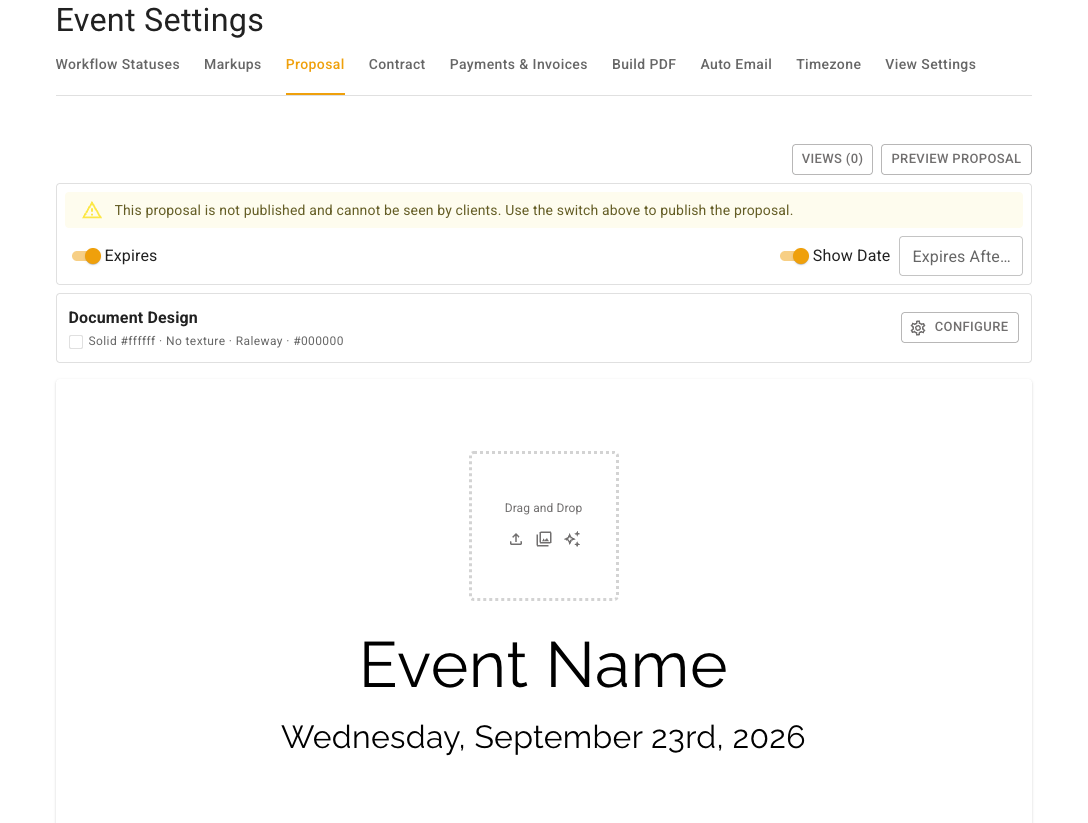 The Proposal tab in Event Settings is selected. The visible proposal settings include an Expires control, a Show Date control, an expiration field, and a Document Design section with a Configure button.