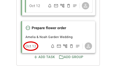 FlowerBuddy Prepare flower order task card with its due-date value circled near the task controls, showing where to click to open the Due Date dialog.