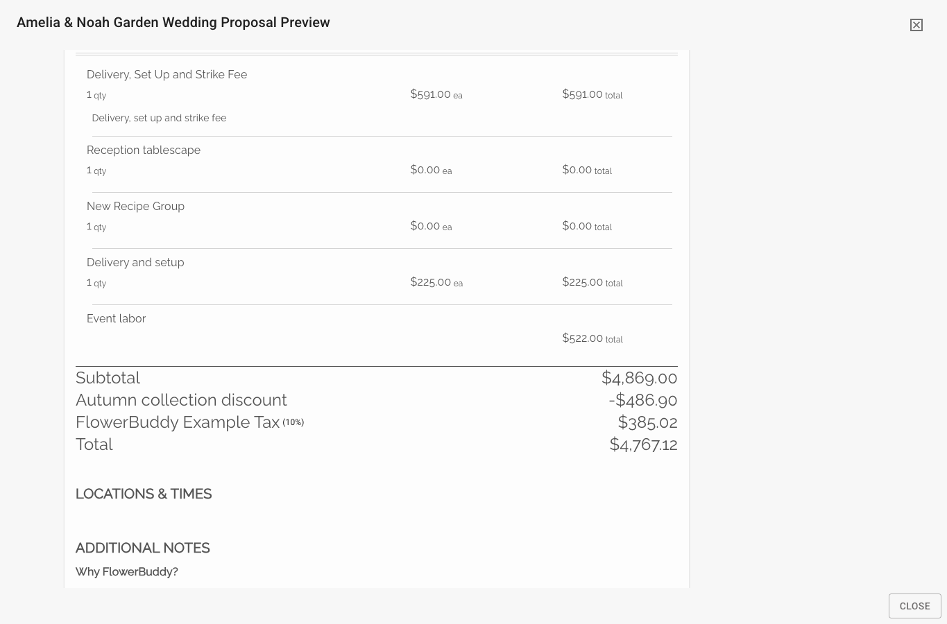 FlowerBuddy proposal preview with delivery and event labor line items followed by a populated subtotal, Autumn collection discount, FlowerBuddy Example Tax, and the event total.