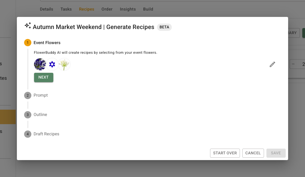 Generate Recipes dialog showing selected event flowers and the first Next action.