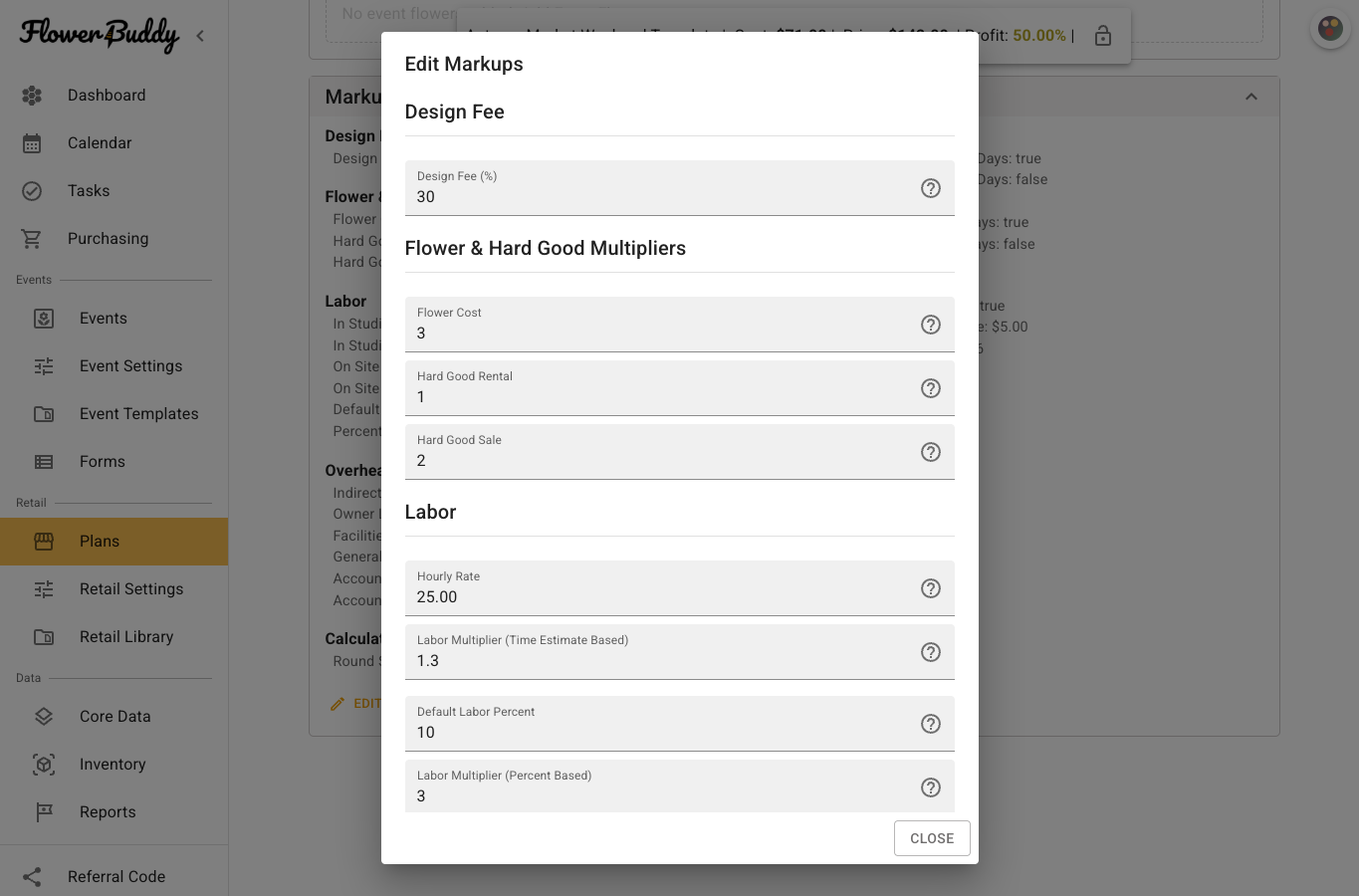 Plan template Details tab Edit Markups dialog with design fee, flower and hard-good multipliers, labor, overhead, and calculation settings.