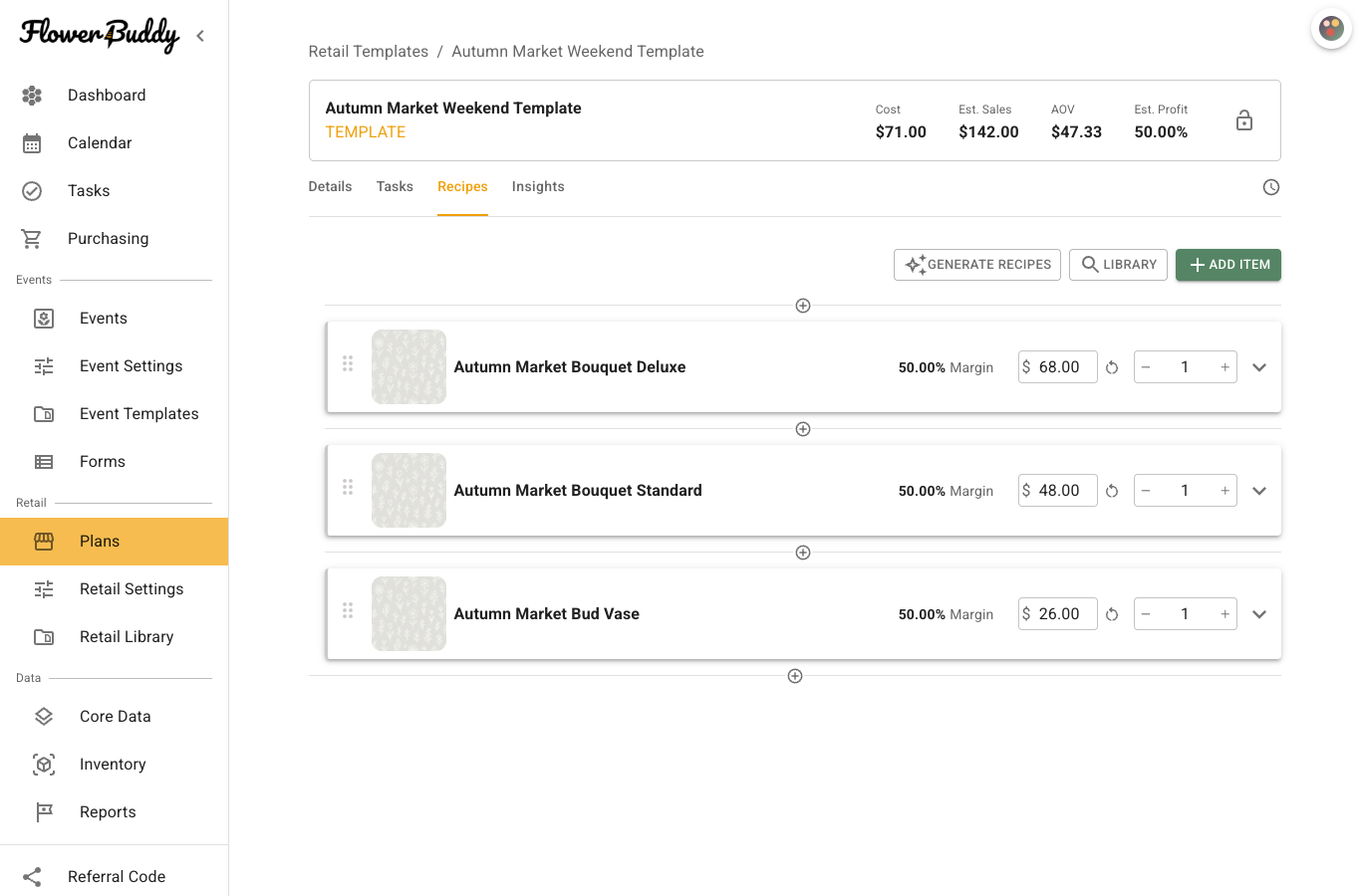 Plan template Recipes tab showing Autumn Market Bouquet Deluxe, Autumn Market Bouquet Standard, and Autumn Market Bud Vase with their per-unit prices and quantity fields.