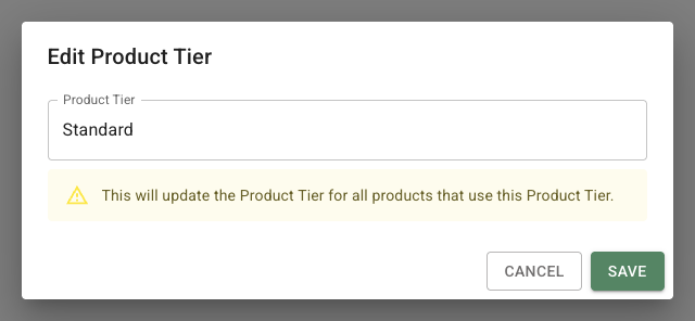 FlowerBuddy Edit Product Tier dialog showing Standard and a warning that the change updates every product using the tier.